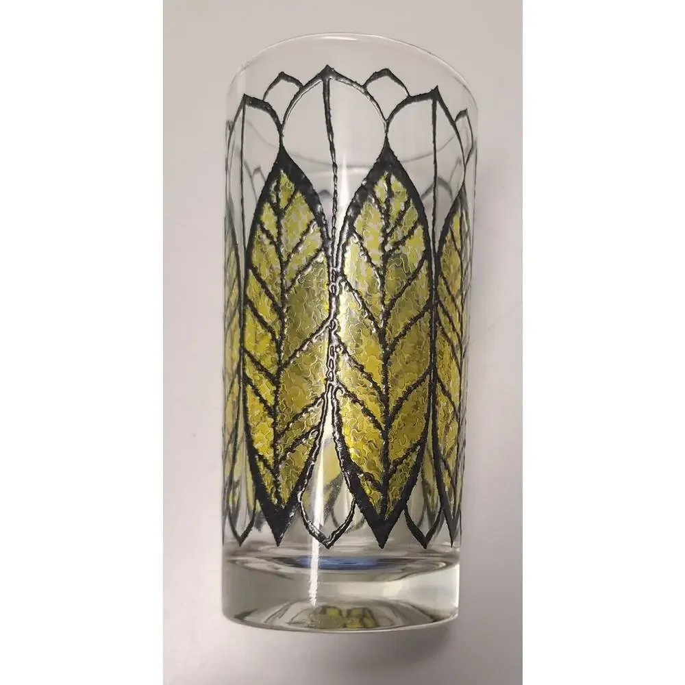 Vintage Continental Can Co Glasses Set 4 Stained Glass Leaf Gold Rim Retro